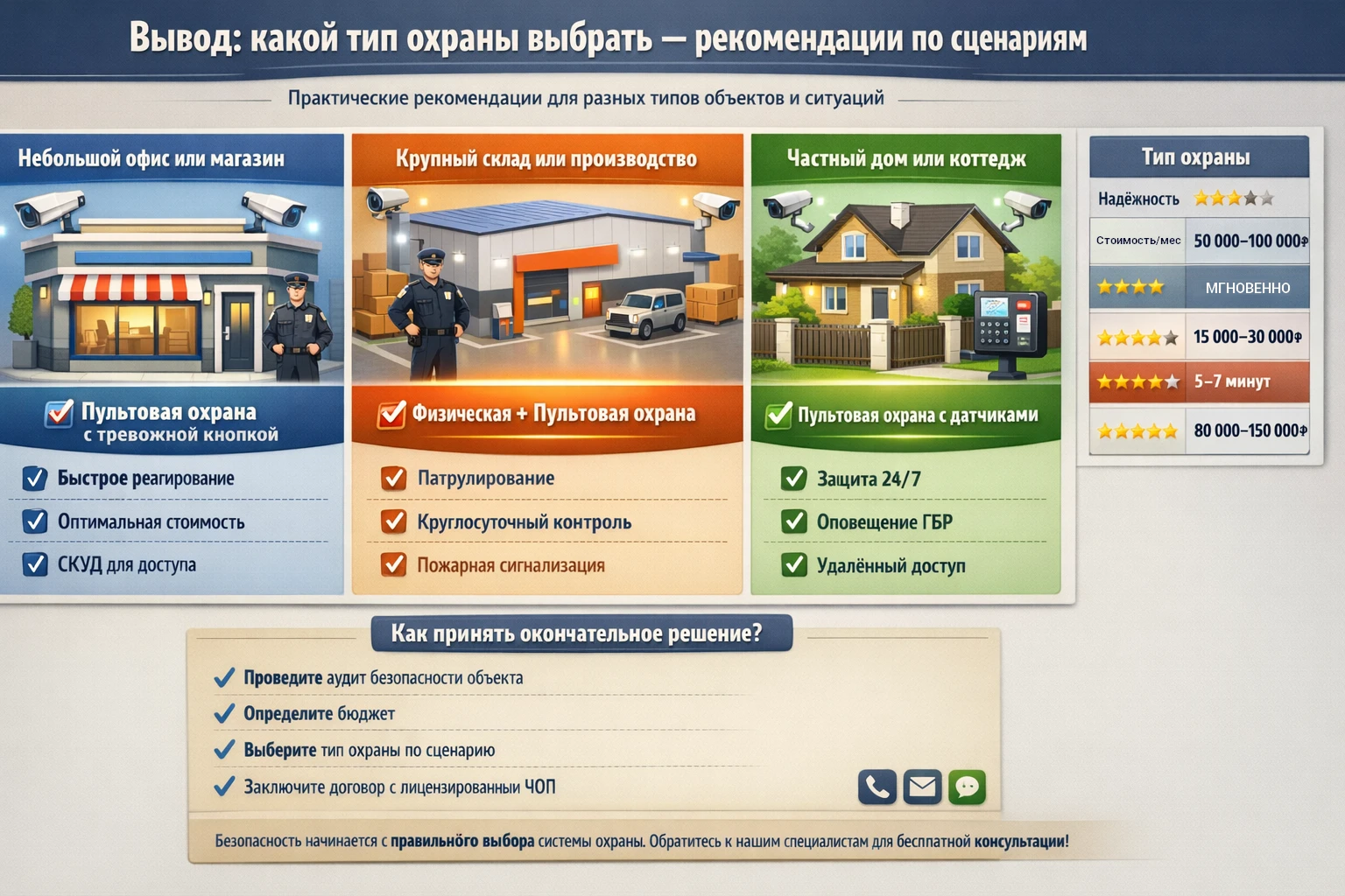 Вывод: какой тип охраны выбрать - рекомендации по сценариям Какой тип охраны выбрать - рекомендации по сценариям